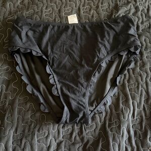NWOT Black Ribbed Bikini Bottom with Scallop Trim